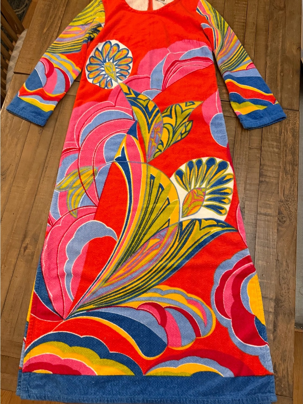 Vintage Red Long Sleeve Maxi Dress with Multicolor Floral Swirl